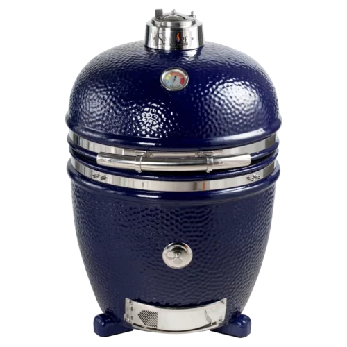 A Saffire Kamado grill head sitting on top of build kit feet. Both the grill and feet are our Sapphire Blue color.