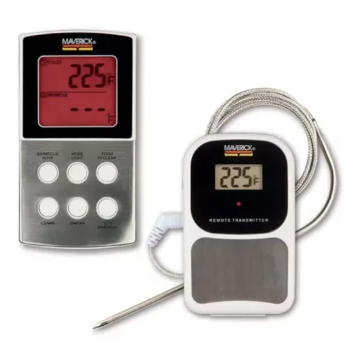 The Maverick ET-632 thermometer kit is shown, which includes a plugin temperature probe, a transmitter with display, and a remote receiver with display
