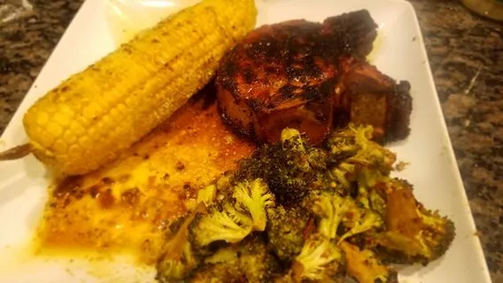 Grilled Steak with Corn on the Cob, Broccoli, and Fried Cheese