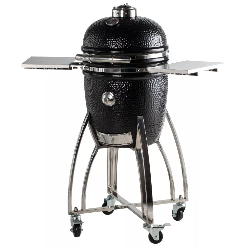 A 15 inch, Platinum class, Onyx Black grill from Saffire; comes with stainless steel side-shelves and cart