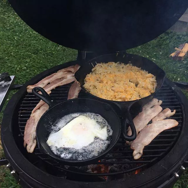 Bacon, Eggs, and Cheesy Hashbrowns Grilling on a Saffire