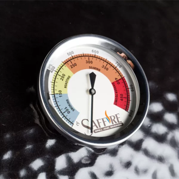 A temperature gauge showing heat ranges for smoking, roasting and searing, for premium kamado cooking