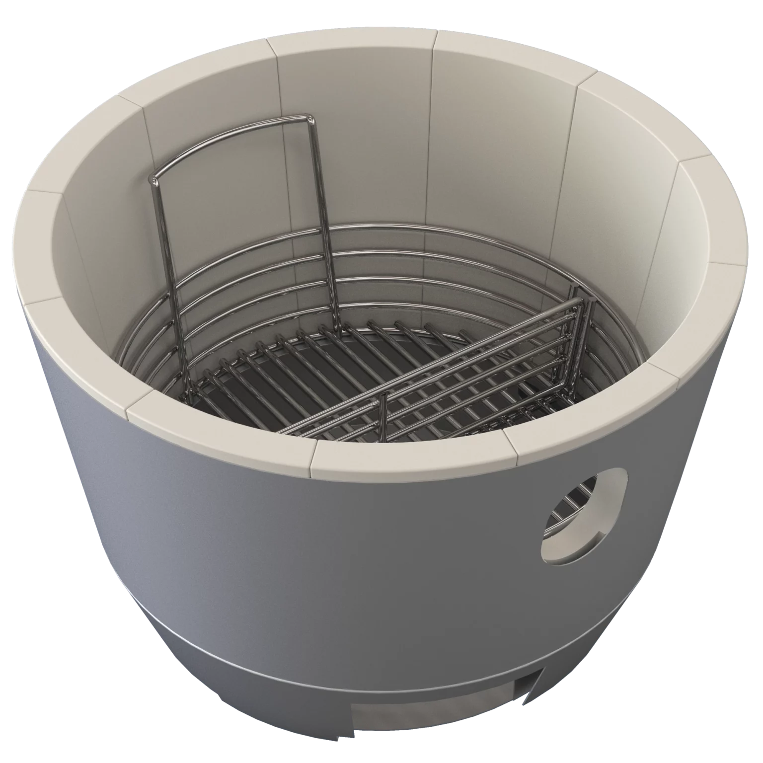 The Crucible Kamado Firebox lined with refractory brick and charcoal basket, for use in Saffire's premium kamado grills