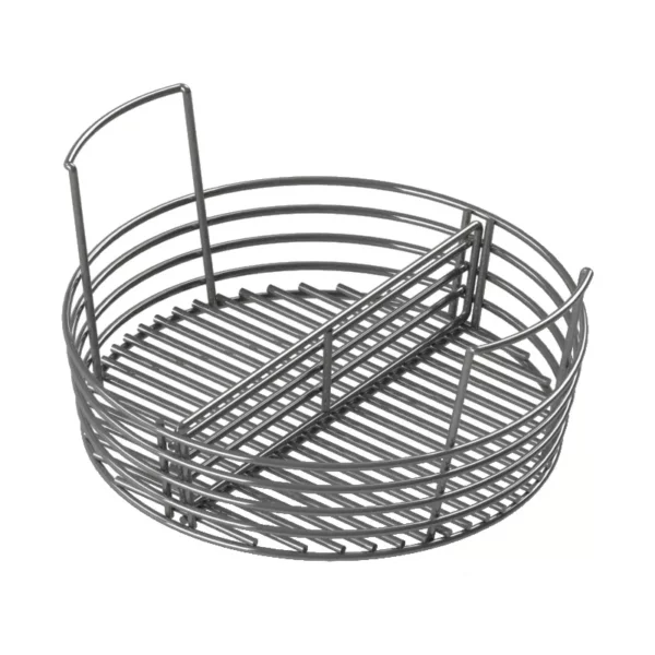 A charcoal basket for holding charcoal; allows you to easily drop the ash into the ash pan with a few shakes; comes with a removable divider