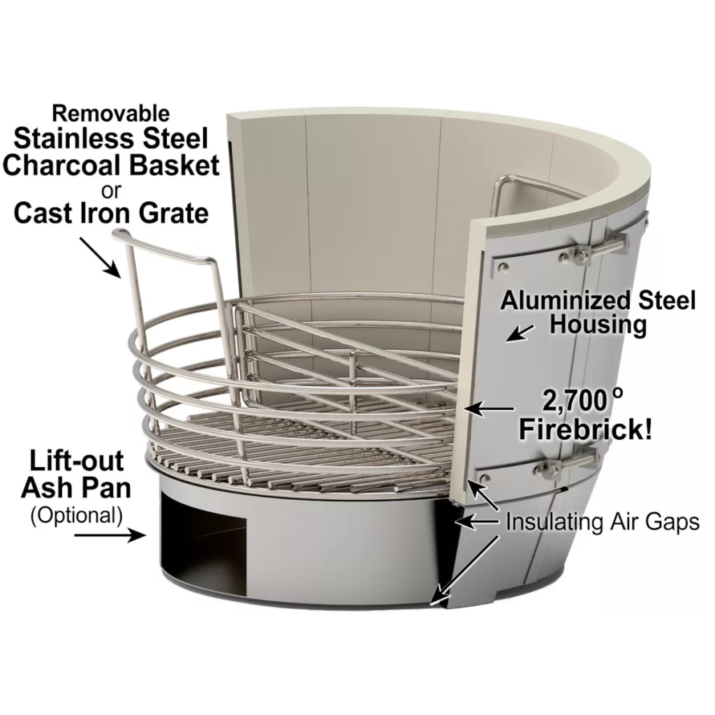 Saffire&#039;s patented firebox comes with these features: removable stainless steel charcoal basket (with removable divider), aluminized steel housing a firebrick liner, insulating air gaps for efficiency, and a huge lift-out ash pan