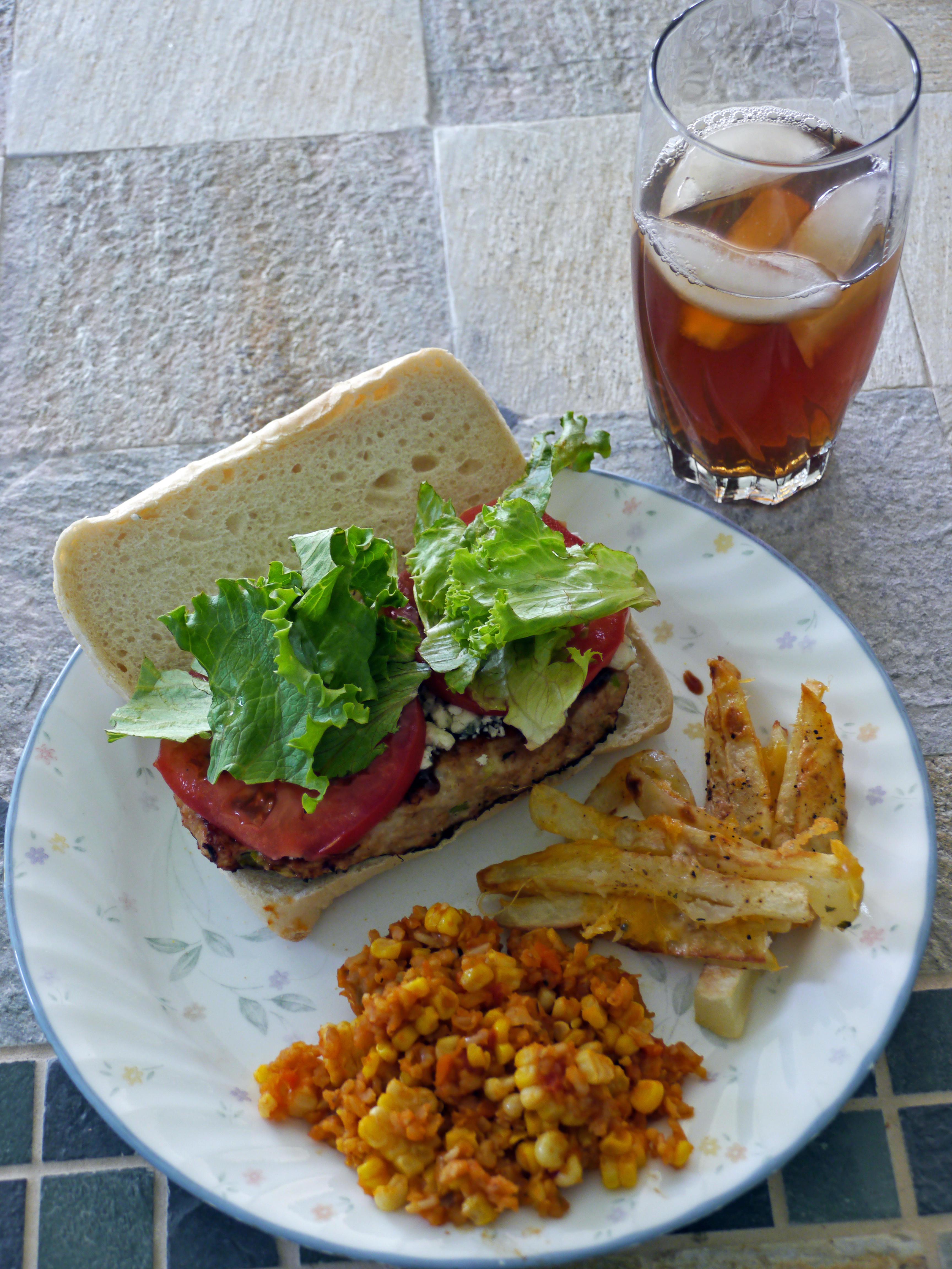 turkey burger with fries mexican rice and drink