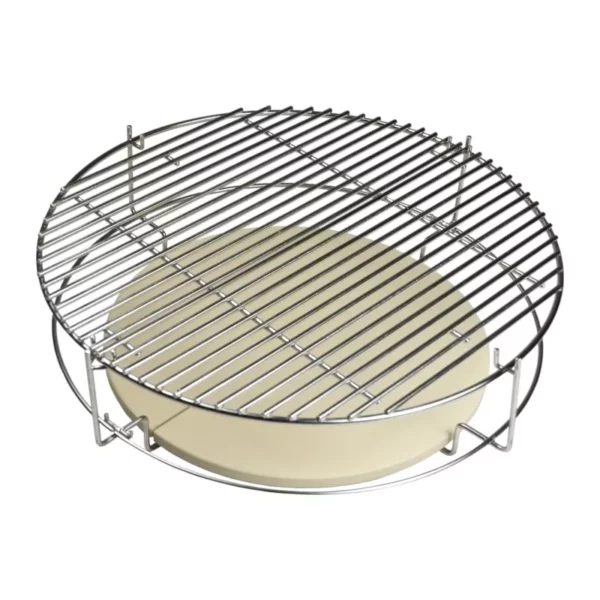 Saffire's Multi-Rack is shown with the Multi-Grid at the top of the rack and our Two-Piece Heat Deflector at the bottom for indirect cooking and smoking