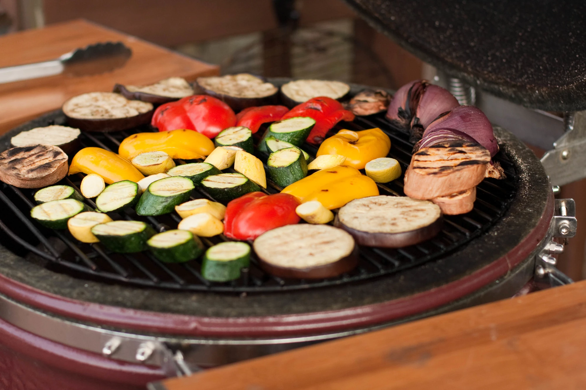 Zucchini, Squash, Sweet Potatoes, Onions, Bell Peppers, and Purple Vienna Seared on an Opened Kamado Grill