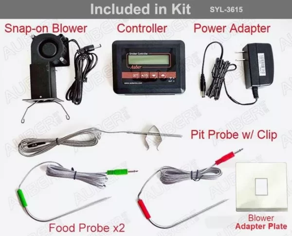 The Auber 3615 model includes a snap on blower, temperature thermometer/controller, power adapter, pit probe and clip, two food probes, and a blower adapter plate