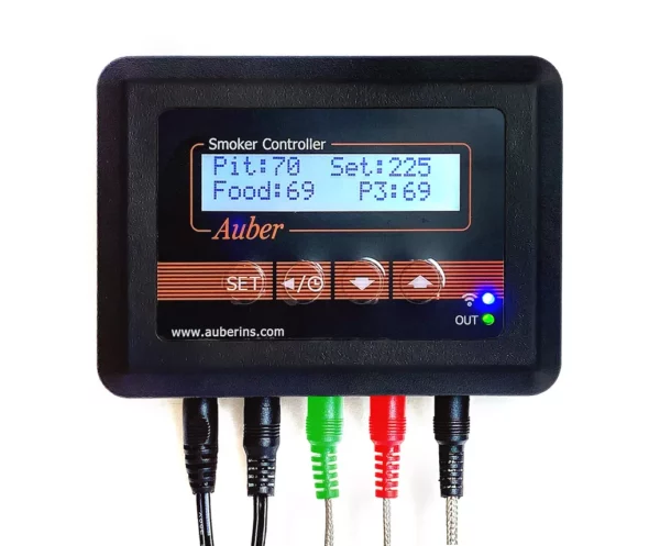 The Auber control/thermometer shows a pit probe temperature, and two food probe temperatures. The desired pit temperature is set to 225 degrees Fahrenheit.