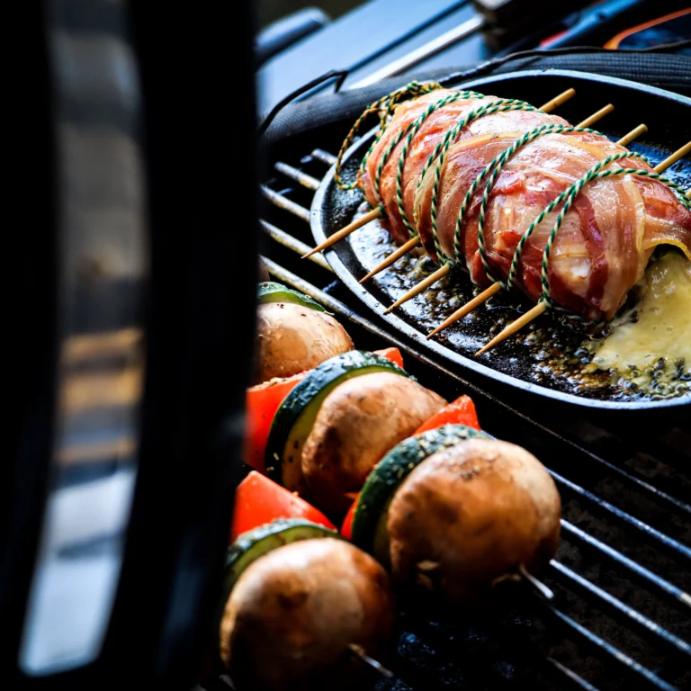 Bacon Wrapped Beef With Zuchini Mushroom Kabobs
