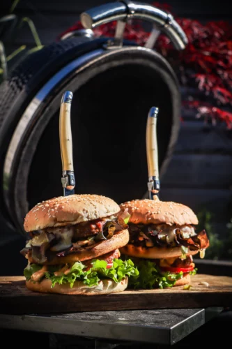 Double Cheeseburgers Cooked On A Saffire Kamado Grill