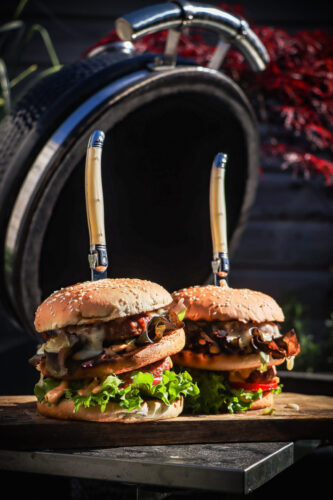 Double Cheeseburgers Cooked On A Saffire Kamado Grill