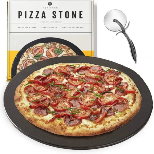 Pizza stone box with pizza stone and pizza cutter