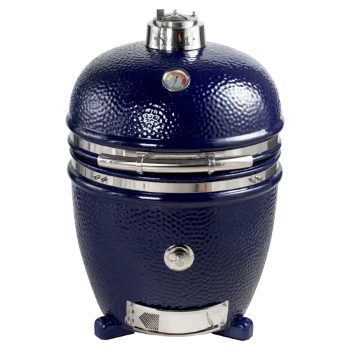 A blue Saffire Kamado grill head sitting on top of blue build kit feet.