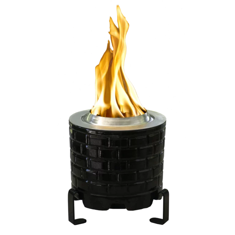 Saffire indoor/outdoor fire pit with a flame.