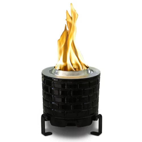 The Saffire smokeless tabletop fire pit with a flame coming out the top.